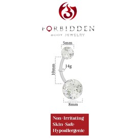 Forbidden Body Jewelry Belly Button Rings Metal Free Belly Ring Bioflex Barbell with Clear or Glitter Double Balls 14G (Clear, Red, Pink), Acrylic