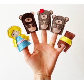 Children's Storytelling Finger Puppet Set and Dollhouse Furniture, Goldilocks, Alice in Wonderland, Wooden