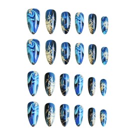 RUOKEXIN Blue Almond Press on Nails Medium Fake Nails Gold Glitter False Nails with Blue Ombre Designs Full Cover Glue on Nails Sparkly Artificial Nails Cute Stick on Nails for Women 24Pcs
