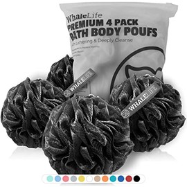 Esponja de Ducha Paquete de 4 Negra Esponja de Baño Esponjas de Ducha Loofahs Bola Puf Carbón de Bambú Natural Malla Esponjas a Granel Grandes, Cuidad