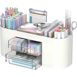 SUPTIDY Desk Organiser with Pen Holder, 10 Compartment Pen Organiser with 3 Drawers, Plastic Desk Organiser and Accessories for Desk Organization and Storage, Office Supplies (White)