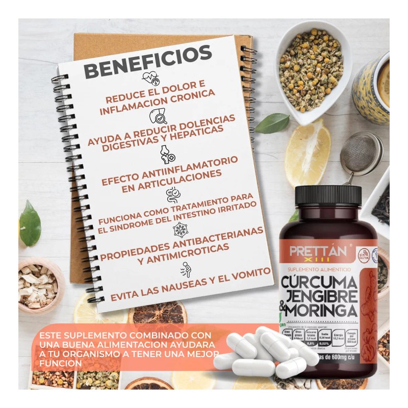 Crcuma Jengibre Y Moringa Prettan Suplemento 600mg 90 Caps Sin