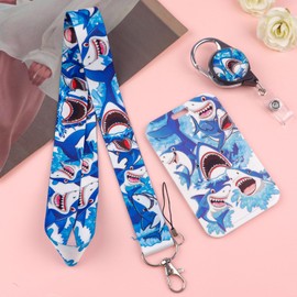BKBKAAK Cool Lanyards with Id Badge Holder, Blue Retractable and Breakaway Lanyards with Name Tag Clip, Shark Lanyard with Keychain for Kids Boy Men Women