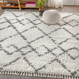 JONATHAN Y Mercer Plush Tassel Moroccan Tribal Geometric Trellis Denim, Shags,EasyCleaning,Bed,LivingRms, NonShedding Area Rugs, 5 X 8, Cream/Grey