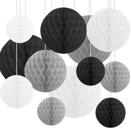 12 Pack Tissue Paper Honeycomb Balls, Poms Birthday Baby Shower Wedding Decorations Large Mix (Grey Black Shade)