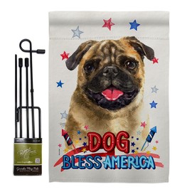 Breeze Decor Patriotic Pug Garden Flag Set with Stand Animals Dog Puppy Spoiled Paw Canine Fur Pet Nature Farm Animal Creature Small Decorative Gift Yard House Banner Made in USA 13 X 18.5