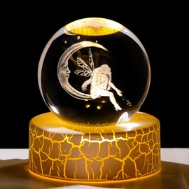 2.36in. 3D Fairy with Moon Crystal Ball Gifts for Women Girlfriend, K9 Crystal Decorative Ball Engraved Fairy Figurine Paperweight with LED Light Base for Home Office Ornament for Birthday Christmas