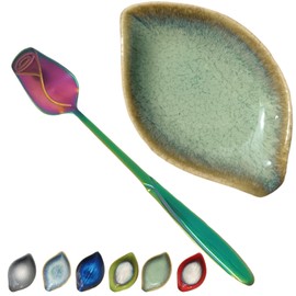 Coffee Spoon and Rest for Coffee Bar Accessories, Small Spoon Rest for Coffee Bar & Station, Tea Spoon Rest & Holder for Teaspoon Rest, 1 PC (Retro Mist Green Leaf with Rainbow Rose Spoon)