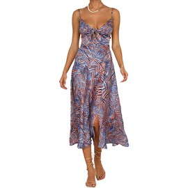 Fashionme Women Spaghetti Strap Midi Satin Dresses Tie Front Backless Split Summer Casual Floral Dress Hollow Flowy Slip Dress Sundresses Wedding Guest Beach Cocktail Graduation B-Purple