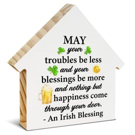 St. Patrick's Day Decor, Irish Blessing Decor, May Your Troubles Be Less and Your Blessings Be More House Shaped Wood Block Sign, Home Decor for Desk Table Shelf, St Patricks Day Decorations