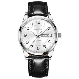 Taxau Men's Watches Black Leather Band Waterproof Watches for Men Large Wrist Luxury Dress Men's Wrist Watches Day Date Analog Quartz Easy Read Silver Face Men Watch