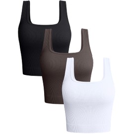 OQQ Women's 3 Piece Tank Tops Ribbed Seamless Workout Exercise Shirts 2025 Summer Basic Camis Black Tea Leaf White