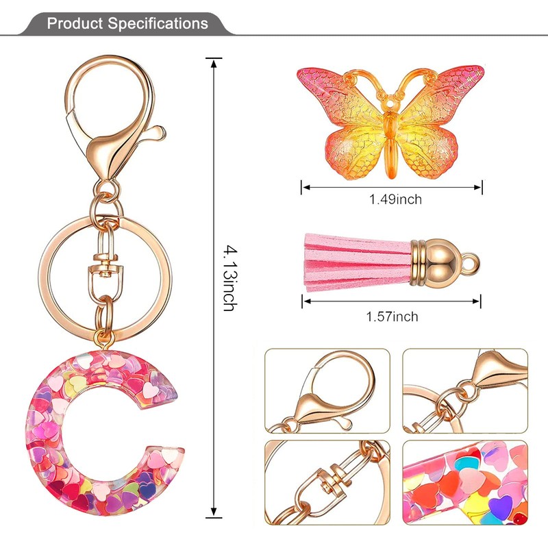 JINGUAZI Initial letter Keychains for Women Tassel Butterfly Pink Cute