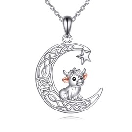 HUKKUN Highland Cow Necklace Sterling Silver Highland Cow Pendant Necklace Celtic Moon Pendant Cute Animal Jewelry Gifts for Women