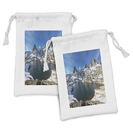 Lunarable Landscape Fabric Pouch Set of 2, Sierra Nevada Hike to Minaret Lake Ansel Adams Wilderness Beauty Autumn, Small Drawstring Bag for Toiletries Masks and Favors, 9" x 6", Tan Azure Blue White