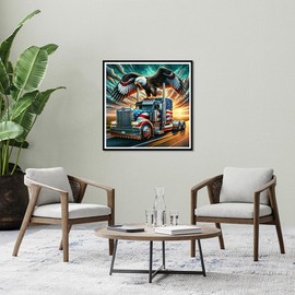 PFFNGPEN Truck Diamond Painting Kits for Adults, 5D DIY American Flag Diamond Art Kits for Beginners, Full Drill Round Diamond Art for Home Wall Decor, Eagle, 12x12 inch