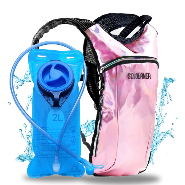 SOJOURNER Hydration Pack Backpack - 2L Water Bladder Included for Festivals, Raves, Hiking, Biking, Climbing, Running and More (Holographic - Pale Pink)