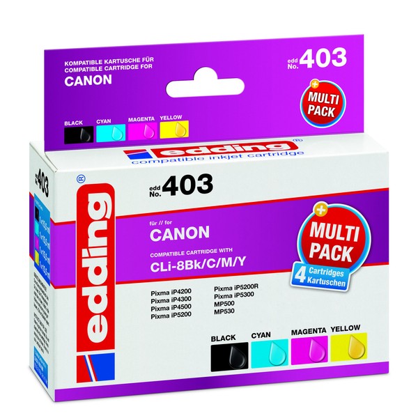 Edding 18-403 Printer Cartridge Suitable for Canon CLi-8Bk/CLi-8C/CLi-8M/CLi-8Y Cyan, Magenta,