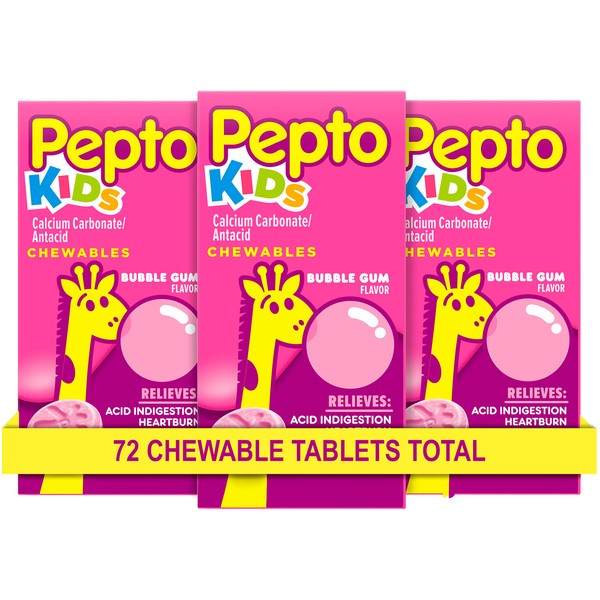 Pepto Kid's Bubblegum Flavor Chewable Tablets for Heartburn, Acid Indigestion, Sour Stomach, and Upset Stomach for Children 3x24 ct – 72 Total