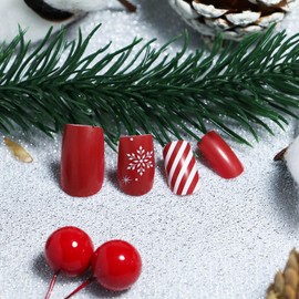 24Pcs Christmas Press on Nails Short Square Fake Nails Red White Striped Snowflake Design,Xmas Nails Gel Glue on Nails Red Solid Color Acrylic Fake Nails Stick on Nails for Women Manicure Holiday