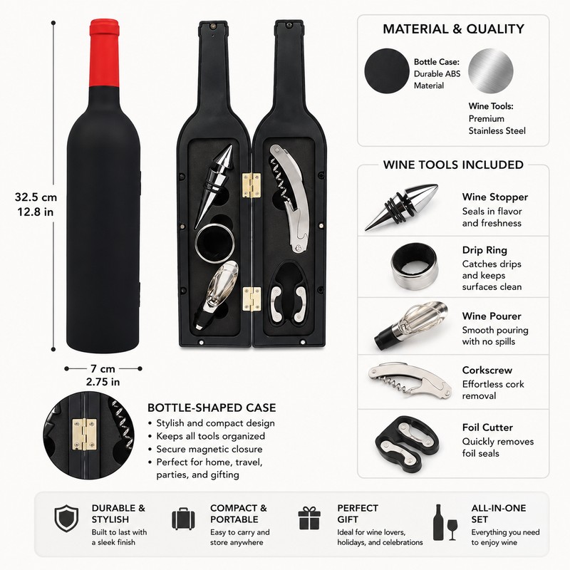 Wine Opener Set with Bottle-Shaped Holder – Corkscrew & Stopper
