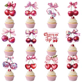 Aposwow Cherry Cupcake Toppers Party Decorations, 24PCS Cherry on Cupcake Picks Top Baby Shower Decoration She's the Top Decor for Girls Women