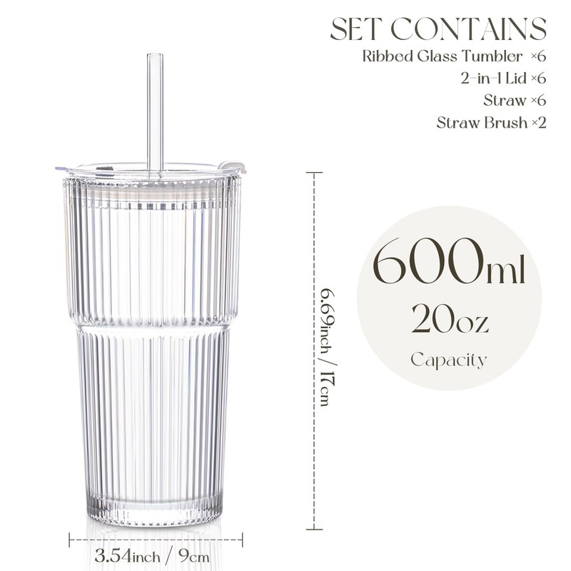 KEMORELA 6-Pack Ribbed Glass Tumblers with Lids & Straws –