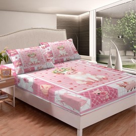 Manfei Cute Pig Kids Fitted Sheet Single Size, Cartoon Animal Theme Bed Cover, Pink Lattice Patchwork Bedding Set for Girls Adult Bedroom Decor, Lightweight Bedding, 1 Pillowcase