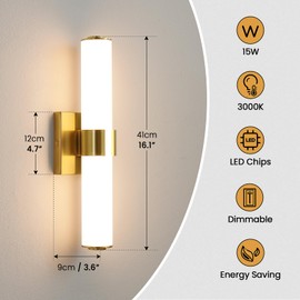 AIJIASI Gold Light Fixtures - 16 Inch Modern Bathroom Vanity Light 15W LED Dimmable Sconce With Acrylic Shade, Indoor Lights Over Mirror 3000K
