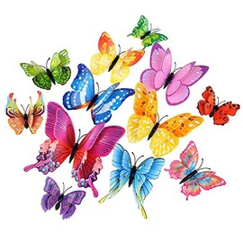 Haobase 12Pcs DIY Realistic 3D Multicolor Double Wings Butterfly Wall Stickers Home Decoration