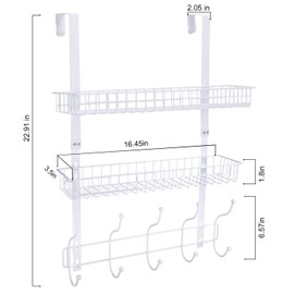 Coat Rack, MILIJIA Over The Door Hanger with Mesh Basket, Detachable Storage Shelf for Towels, Hats, Handbags, Coats (White-2 Layer)