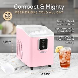 Igloo Self-Cleaning Countertop Ice Maker - Compact and Portable - Creates 26 lbs. Per Day, 8 Pieces Ready Every 7-8 Minutes - Includes Ice Scoop and Basket - Pink