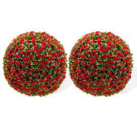 20.8" Artificial Topiary Balls 2PCS, Flower Topiary Ball Decorative Balls for Outdoor Patio Garden and Indoor, Wedding Decoration, Red