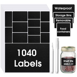 Dunzoom 1040 Pcs Chalkboard Labels for Jars Black Removable Labels Bulk Waterproof Chalkboard Stickers with 2 Liquid Chalk Marker for Storage Bins Kitchen Parties Weddings Craft Rooms Food Container