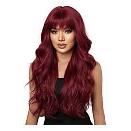 Peluca Rojo Para Mujer Larga Ondulada Flequillos Natural