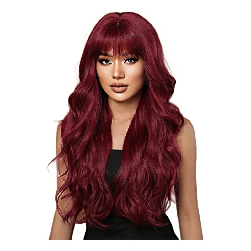 Peluca Rojo Para Mujer Larga Ondulada Flequillos Natural