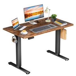 DUMOS Electric Standing Desk 39.4 x 23.6 Inch, Height Adjustable Sit Stand Desk with LED Display, Memory Presets, Hooks & Cable Holes, Ergonomic Workstation for Home Office, Brown