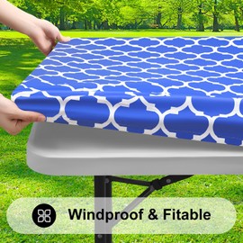 Smiry Smiry Rectangle Picnic Table Cover, Waterproof Elastic Fitted Camping Tablecloths for 6 Foot Tables, Wipeable Flannel Backed Vinyl Tablecloth Protector for Indoor, Outdoor (Blue, 36x72 Inches)