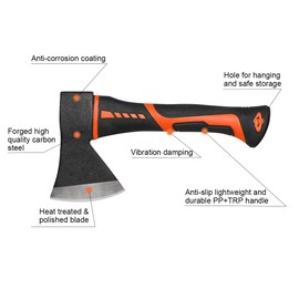 ZUZUAN Chopping Axe，10”Camping Outdoor Hatchet for Wood Splitting and Kindling, Forged Carbon Steel Heat Treated Hand Maul Tool, PP+TPR Handle Shock Reduction Handle with Anti-Slip Grip