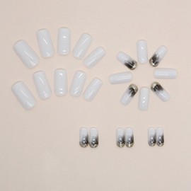 Medium Press on Nails Square Fake Nails White Glue on Nails Acrylic Nails with Dark Love Flower Designs Glossy Gold Powder Glue on Nails Full Cover False Nails Artificial Stick on Nails for Women