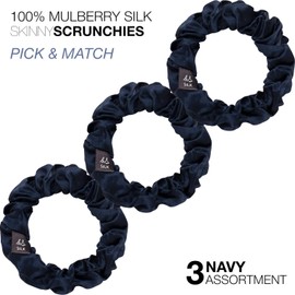 Basic Sense Silk Hair Scrunchies Luxurious Mulberry Hair Tie - Skinny Scrunchy Set of 3pcs, Navy