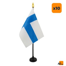 AZ FLAG - Set of 10 Finland Table Flag 4'' x 6'' - 10 Small Finnish Mini Desk Flags 100% Polyester 15 x 10 cm - Office Flag with 10'' Pole - Golden Spear