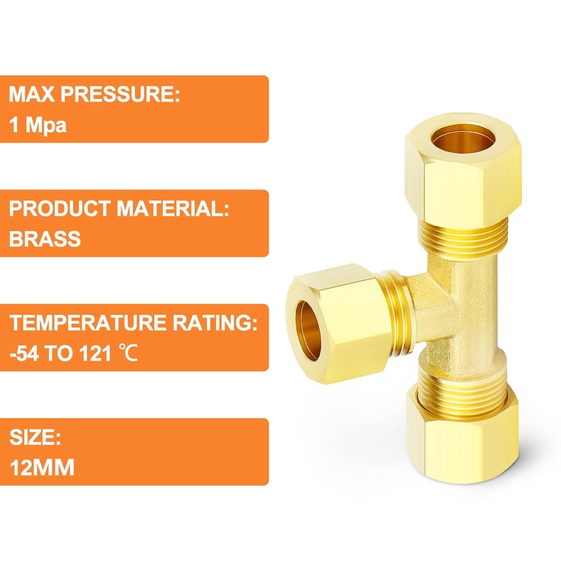 GASHER 2PCS Brass Compression Tube Pipe Fitting Connector, Tee，12mm x
