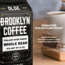 BROOKLYN COFFEE Whole Bean, Italian Dark Roast (2lb) Extra Strong, Delicious Taste, Heavenly Aroma - Fresh Bulk Coffee Beans Roasted Weekly in NYC