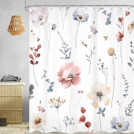 Omifly Watercolor Floral Shower Curtain 72Wx96H Inch Extra Long Pink Flower Spring Leaves Botanic Plant Modern Farmhouse Minimalist with 12 Plastic Hooks Fabric Waterproof Toilet Accessories Decor