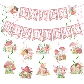 Fairy Party Decorations Pink Set - 16 Pcs Fairy Spirals Streamers DIY Banner Butterfly Mushroom Hanging Swirls For Girls Baby Shower Wedding Pink Floral Theme Birthday Party Decorations Supplies