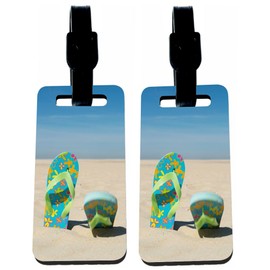 Sam Sandor - Blue and Green Flip Flops by Ocean Design Flip-Flops - Hardboard Luggage Identifiers Tags with Straps (x2)