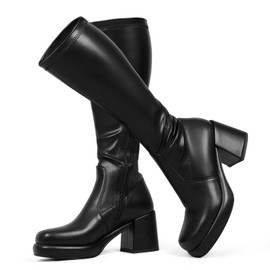 LanreyTaley Women Black Knee High Boots Pu Leather Tall Boots Platform Chunky Heel Dress Boots Side Zipper Stretch Boots Size 36