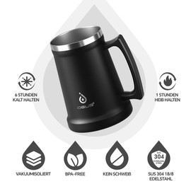 Ideus® Boccale di birra isolato con manico, 1000 ml, in acciaio inox, grande tazza termica in metallo, per l'Oktoberfest (nero)