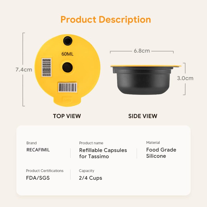 RECAFIMIL 2 Pack Reusable Coffee Capsules 200/220 ml with 2